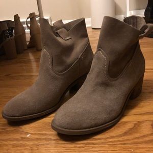 Grey/brownish booties. Loose fitting at the top.